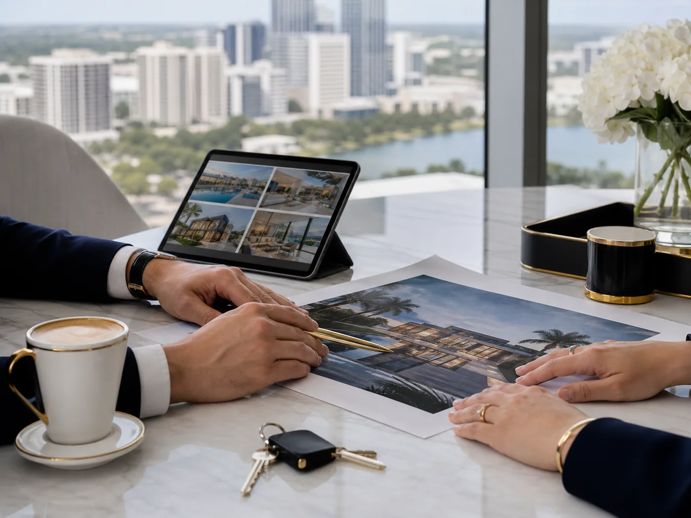 Luxury real estate consultation overlooking Orlando